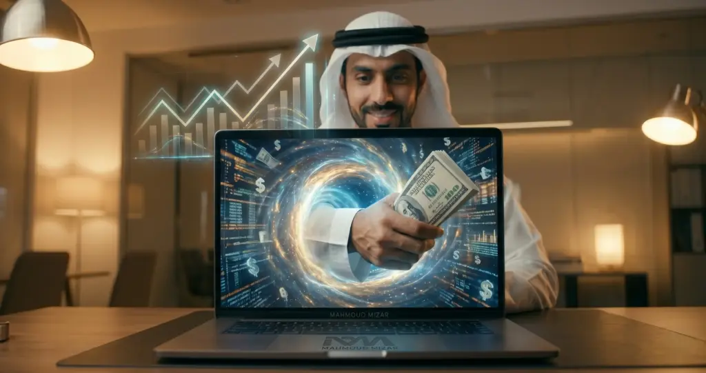 Smiling businessman gains massive cash stacks. Mahmoud Mizar SEO Agency scaled his online store, converting organic traffic into immense profit. image image